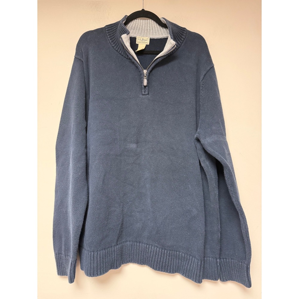 LL Bean Quarter Zip Sweater Mens XXL‎ REG Blue Cotton Casual Pullover